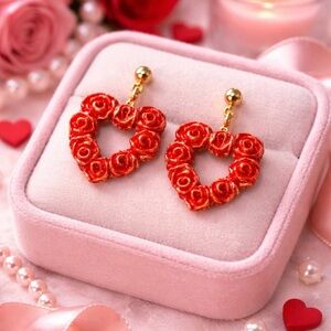 Artisan Crafted Heart-Shaped Rose Earrings Polymer Clay Boho